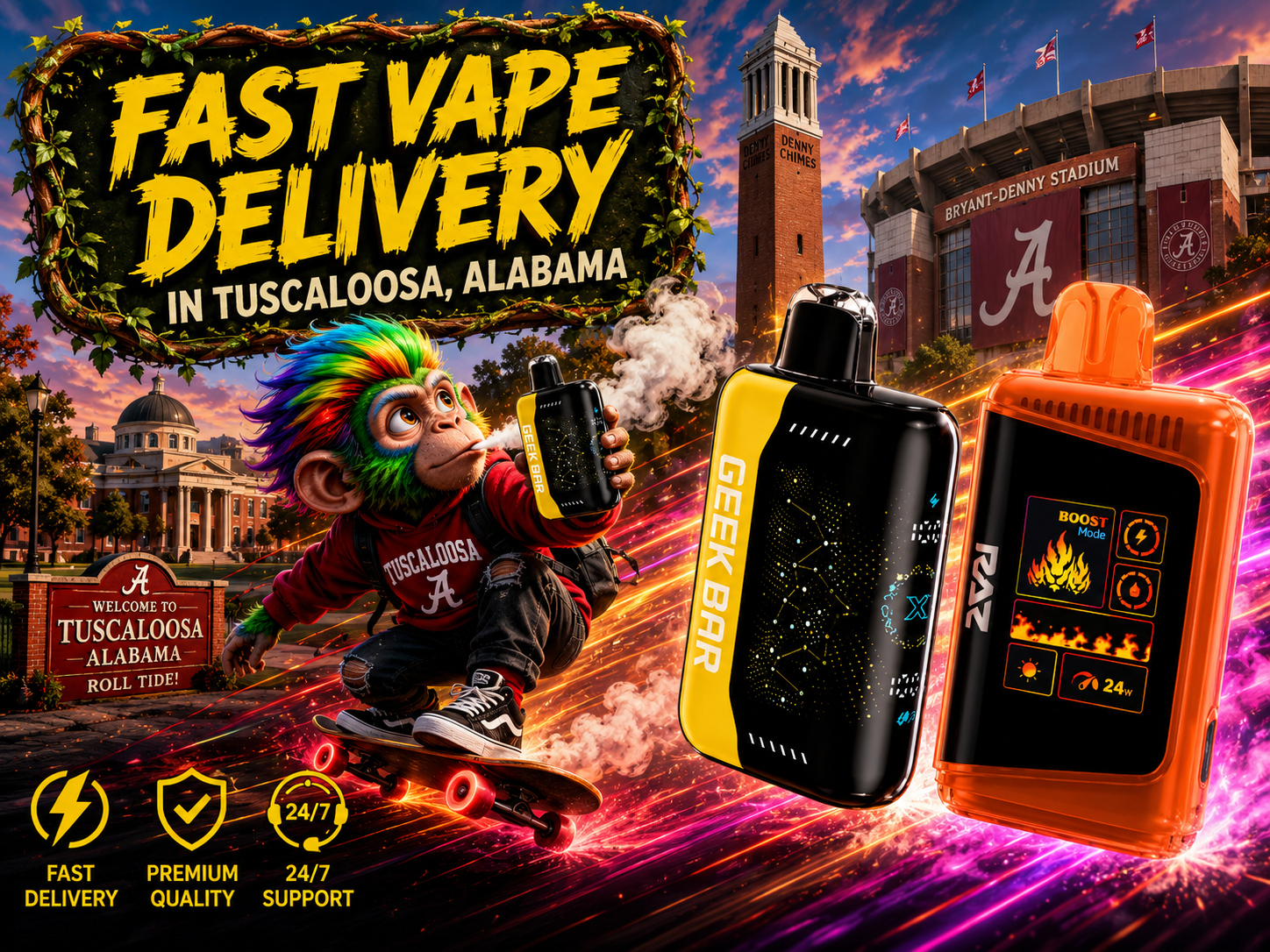 Rechargeable Devices with Fast Delivery in Tuscaloosa Two rechargeable devices with colorful light trails and a Tuscaloosa city backdrop promoting fast delivery service.