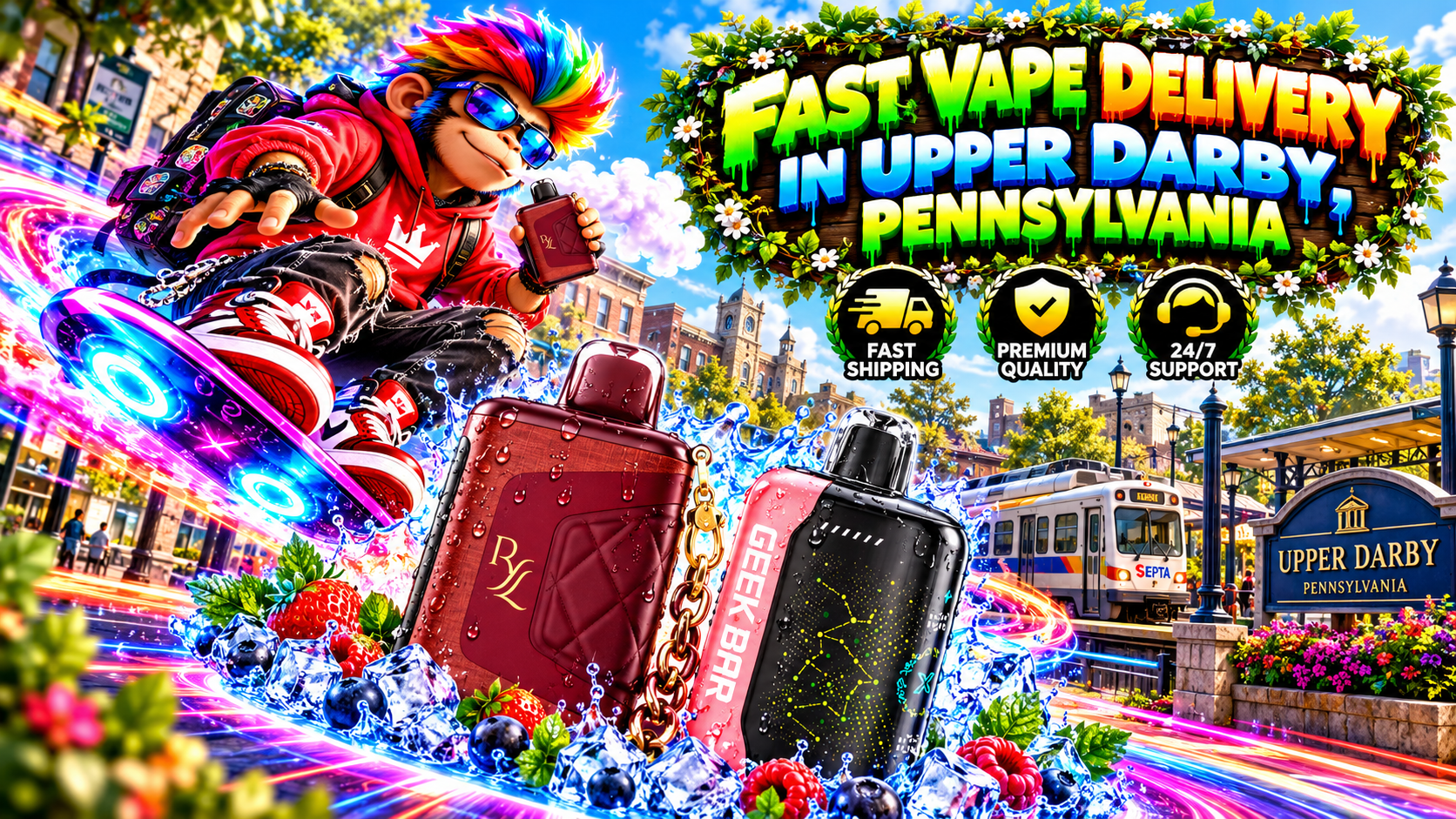 Stylish vape devices covered in water droplets, surrounded by ice, berries, and neon lights in a lively Upper Darby scene.
