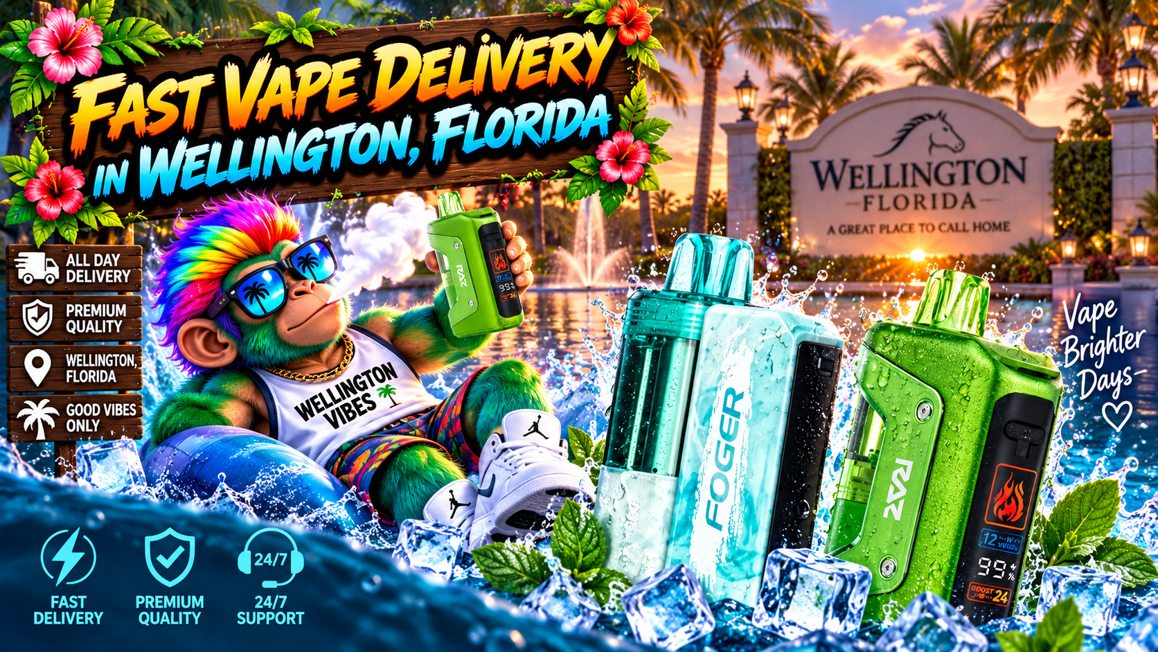 Fast Vape Delivery in Wellington, Florida Colorful vape devices with water splashes, ice and tropical greenery against a warm Wellington, Florida sunset.