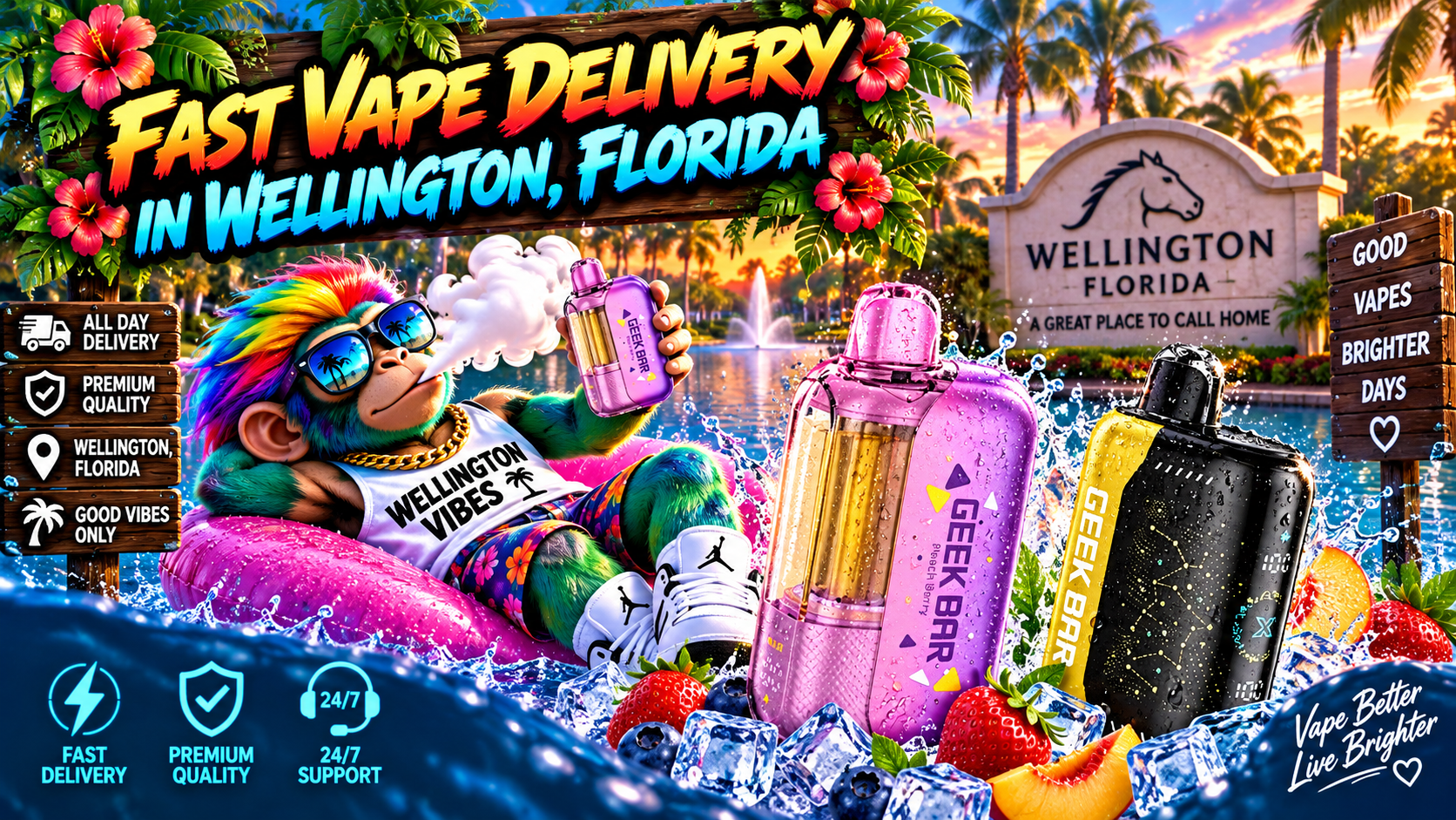 Fast Vape Delivery in Wellington, Florida Colorful vape devices with water splashes, ice and fresh fruit against a tropical Wellington sunset.