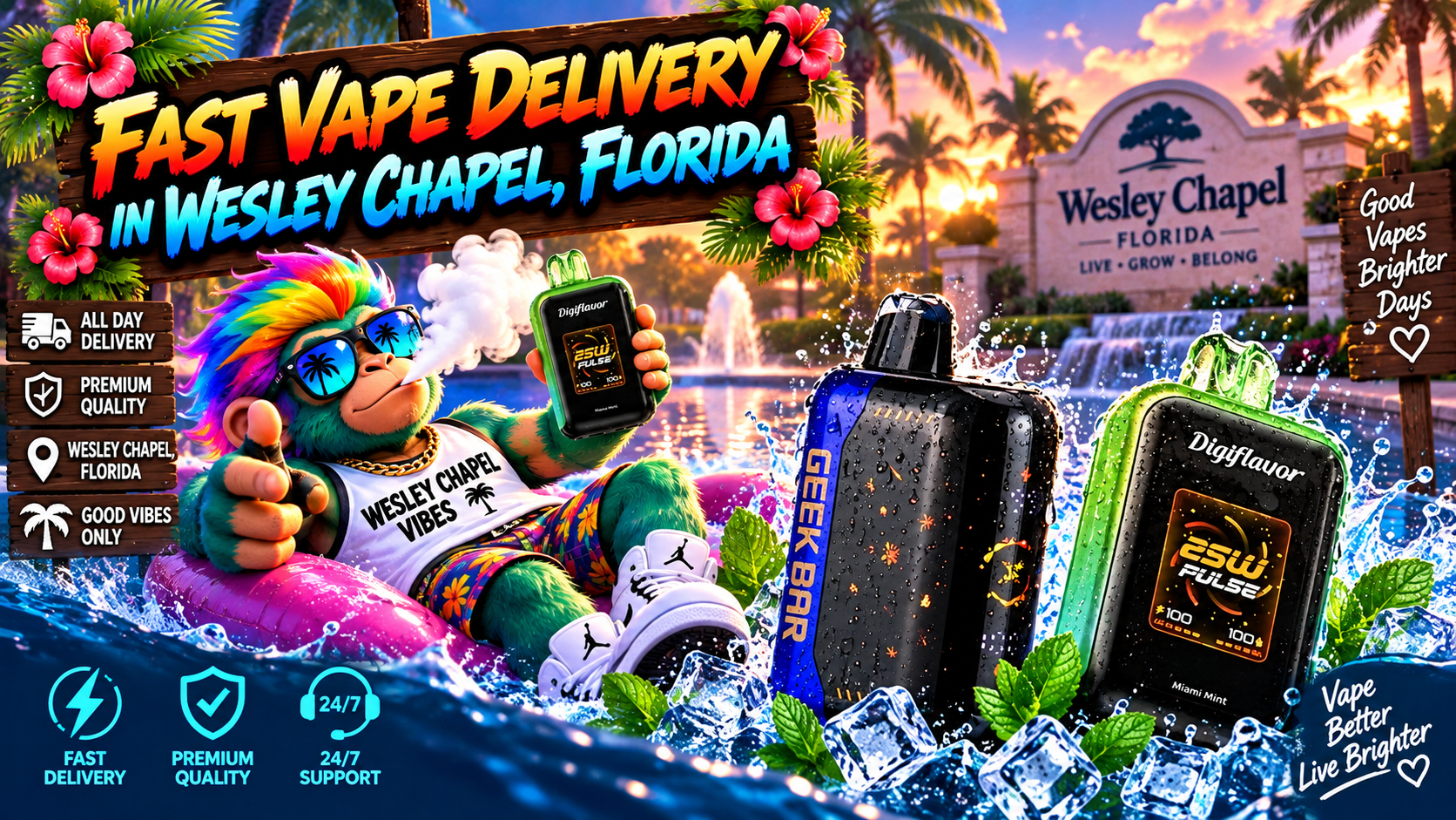 Fast Vape Delivery in Wesley Chapel, Florida Colorful vape devices with water splashes, ice and mint leaves against a tropical Wesley Chapel sunset.