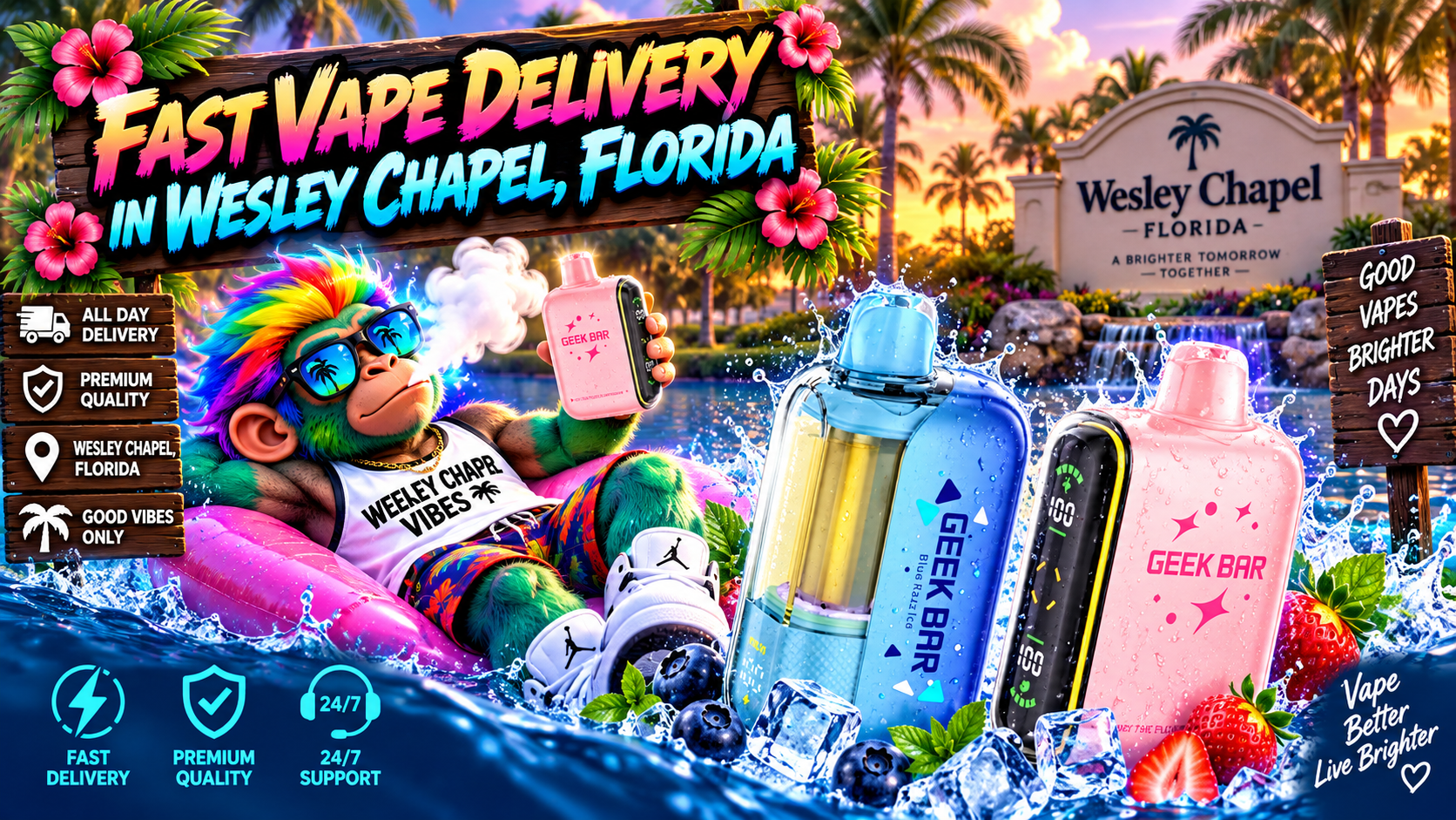 Fast Vape Delivery in Wesley Chapel, Florida Colorful vape devices with water splashes, ice and berries in a tropical Wesley Chapel sunset scene.