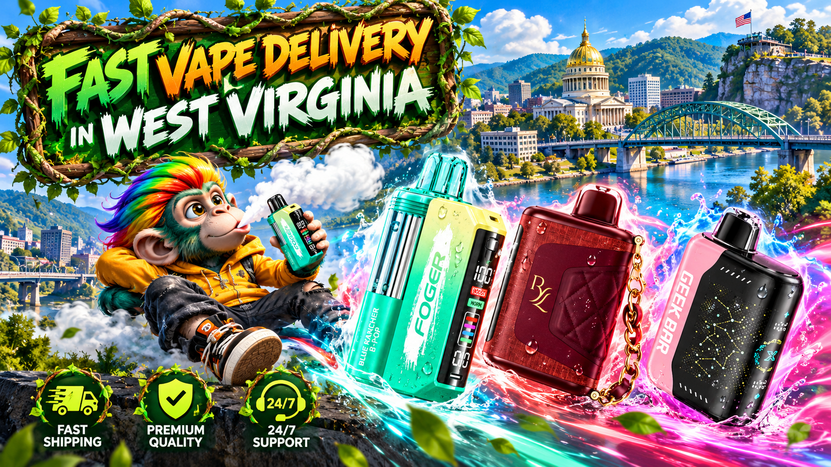 Colorful vape devices with a cartoon monkey, vivid water splashes, and a scenic West Virginia city backdrop.