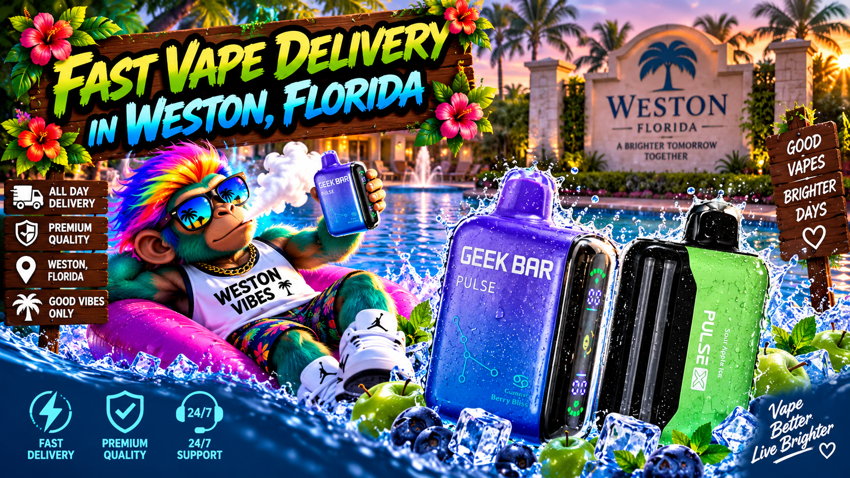 Fast Vape Delivery in Weston, Florida Colorful vape devices with water splashes, ice, berries and green apples in a tropical Weston sunset scene.