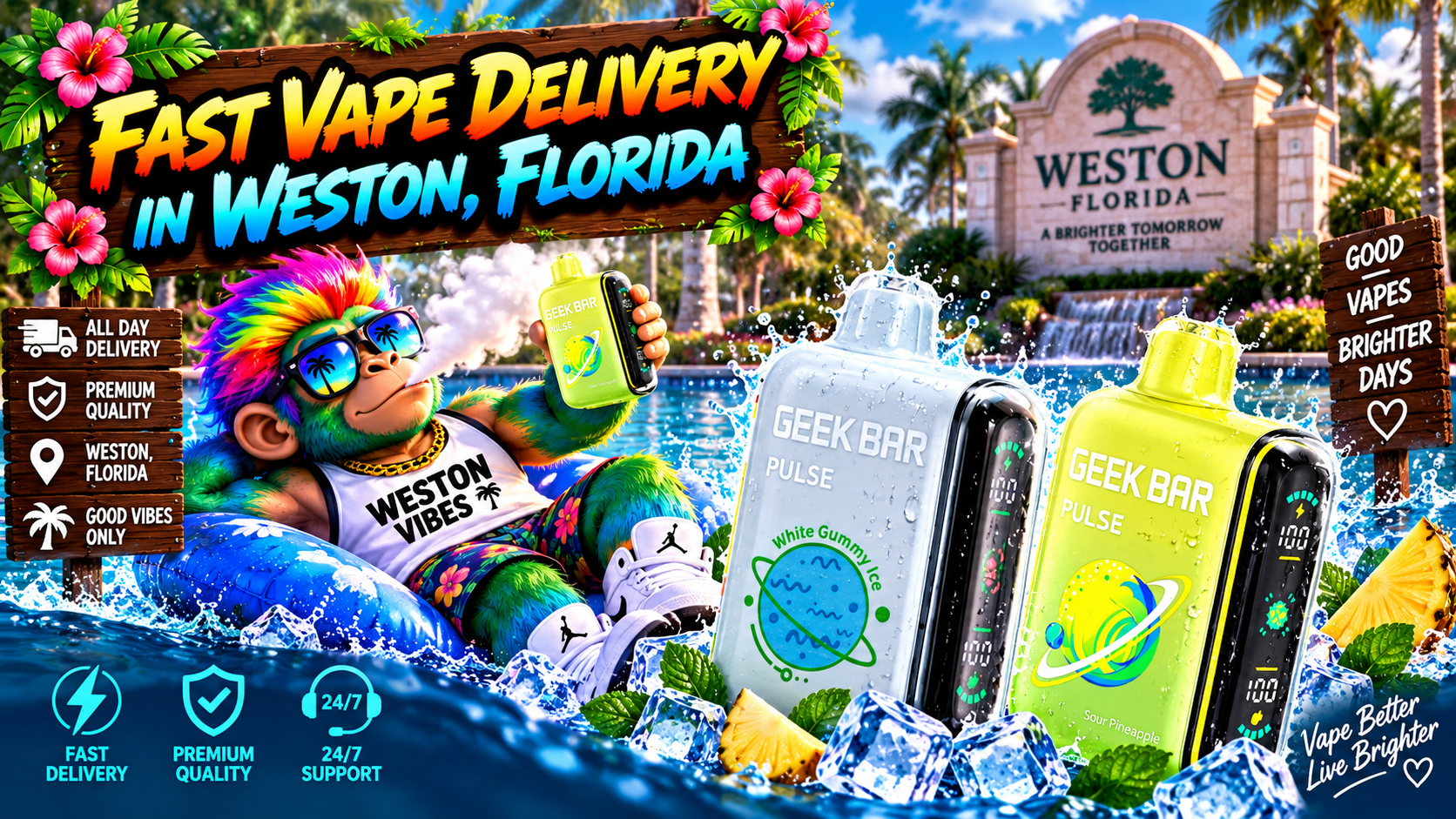 Fast Vape Delivery in Weston, Florida Colorful vape devices with water splashes, ice, mint and pineapple in a bright tropical Weston setting.