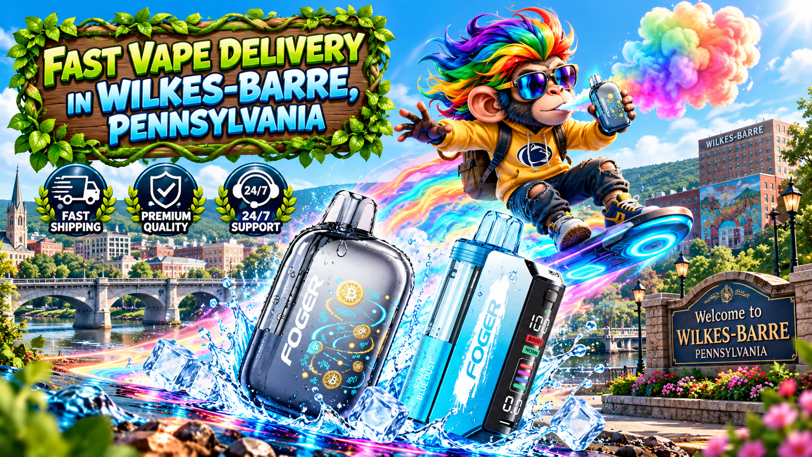 Black and blue vape devices with icy splashes, rainbow energy trails, and a flying character above Wilkes-Barre, PA.