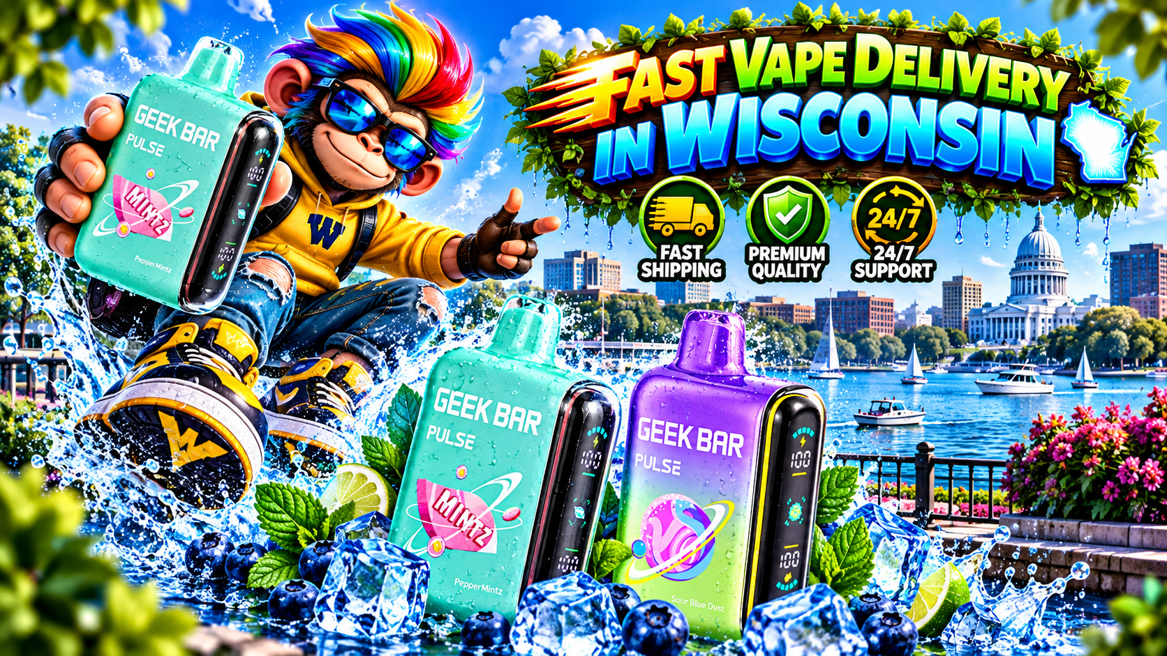 Fast Vape Delivery in Wisconsin with Vibrant Devices Colorful vape devices with water droplets, ice cubes and splashes set against a sunny Wisconsin waterfront.