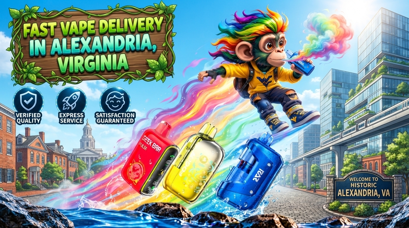 Colorful vape devices with water splashes and vibrant trails through a sunny Alexandria, Virginia city scene.