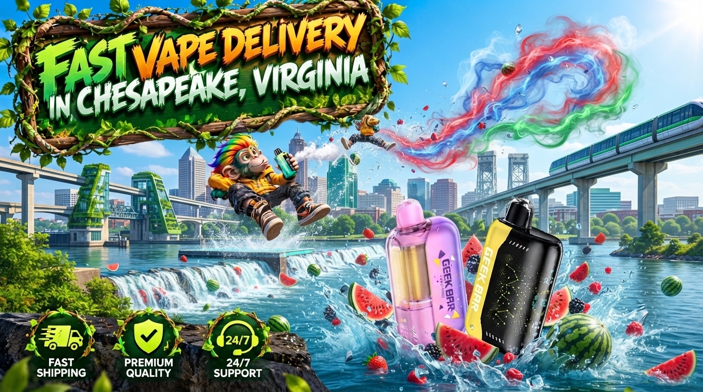 Colorful vape devices with water splashes and swirling energy above a bright Chesapeake, Virginia waterfront.