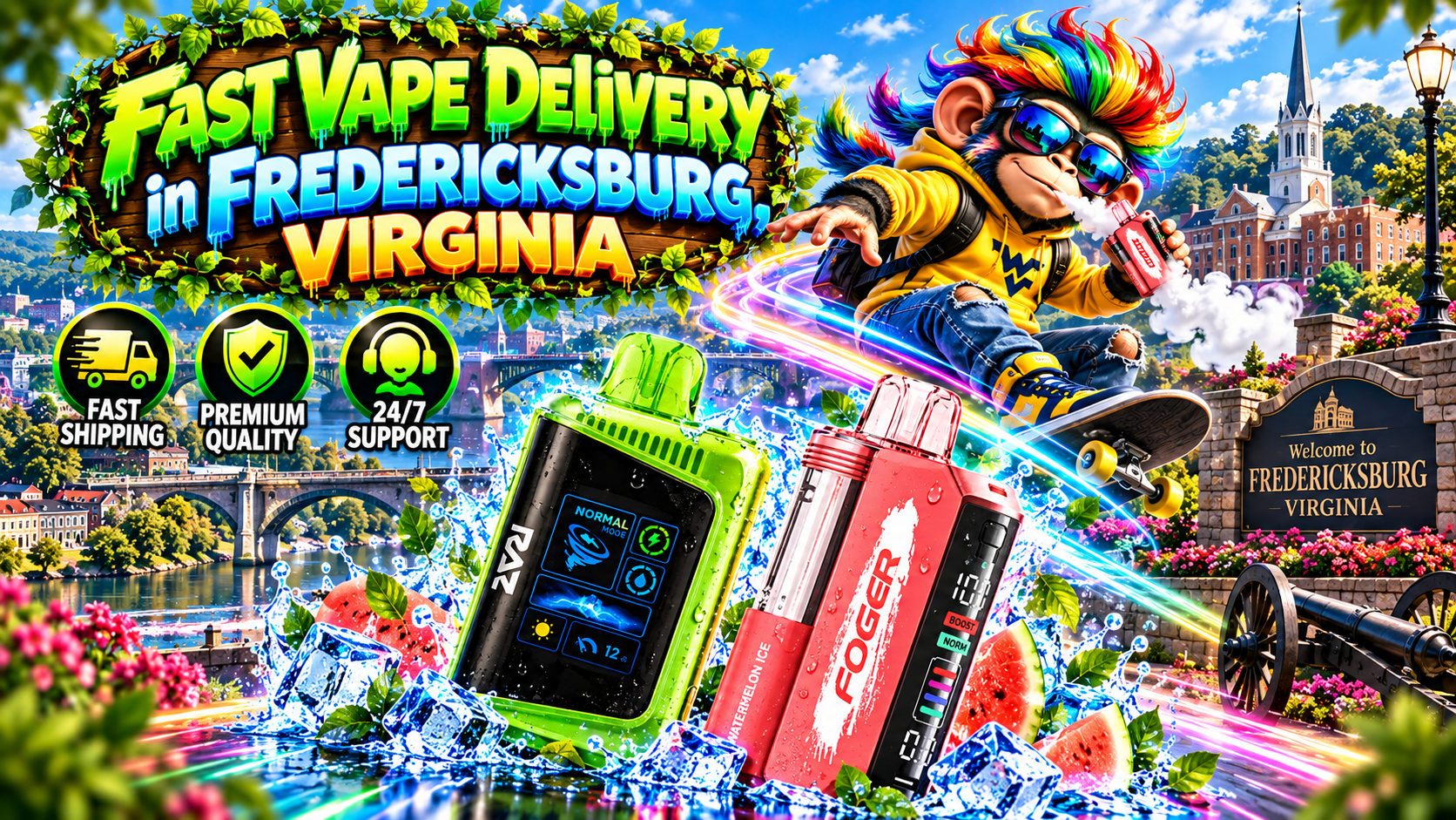 Bright vape devices with water droplets and neon trails across a scenic Fredericksburg, Virginia cityscape.