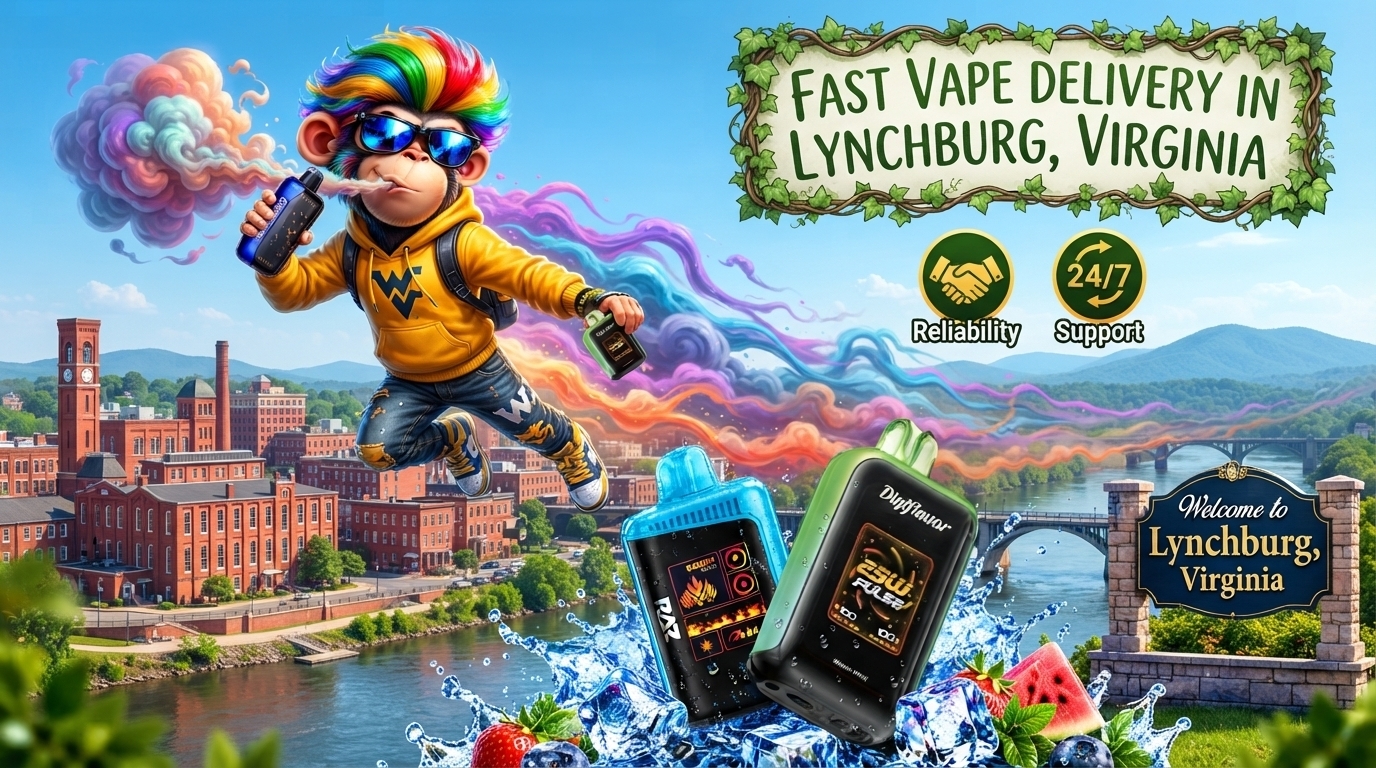 Colorful vape devices with water effects against a bright Lynchburg, Virginia cityscape.