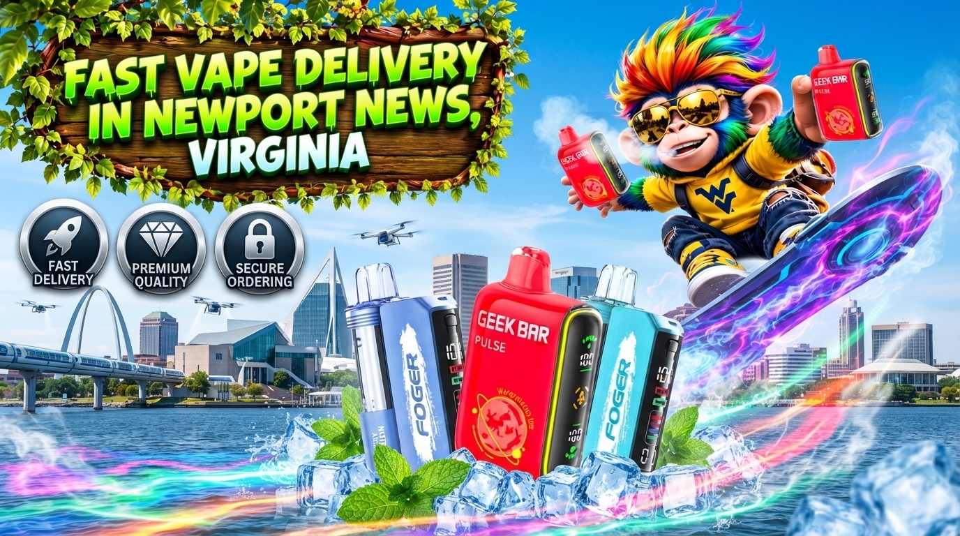 Colorful vape devices with ice and glowing energy trails against a bright Newport News, Virginia waterfront.