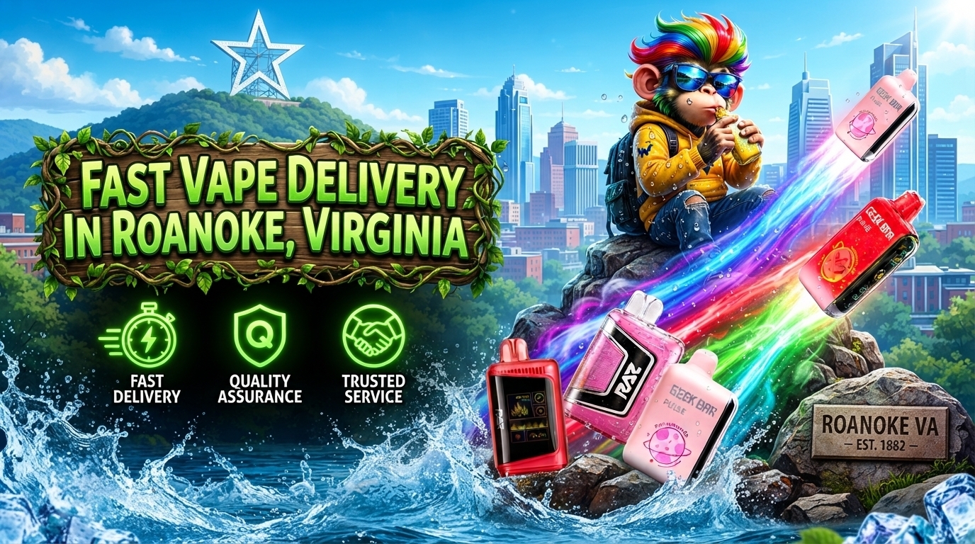 Fast Vape Delivery Scene in Roanoke, Virginia Colorful vape devices with water splashes and bright energy trails over a sunny Roanoke, Virginia cityscape.