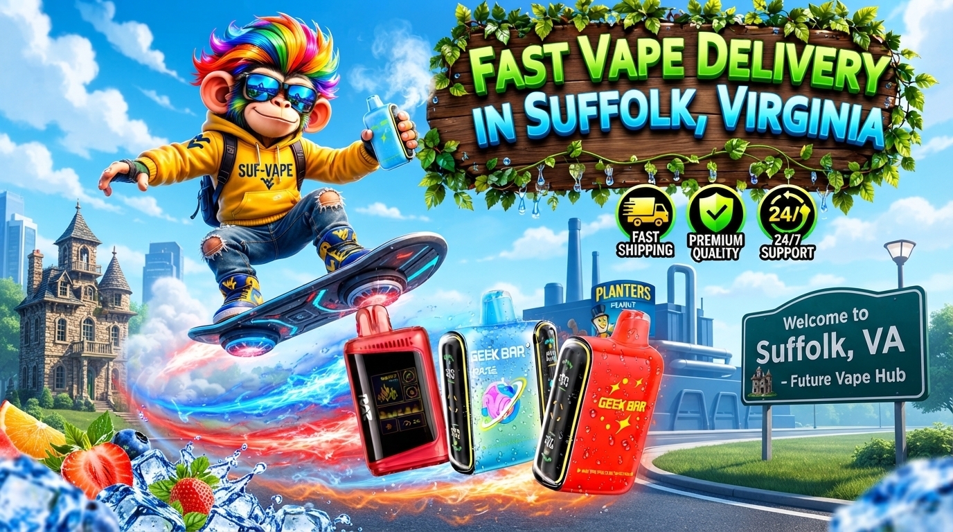 Fast Vape Delivery Scene in Suffolk, Virginia Colorful vape devices with water droplets and energy trails across a bright Suffolk, Virginia city scene.