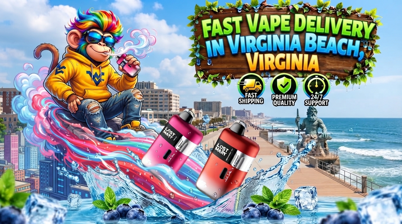 Fast Vape Delivery Scene in Virginia Beach, Virginia Two colorful vape devices with water splashes and vivid trails along the Virginia Beach oceanfront.