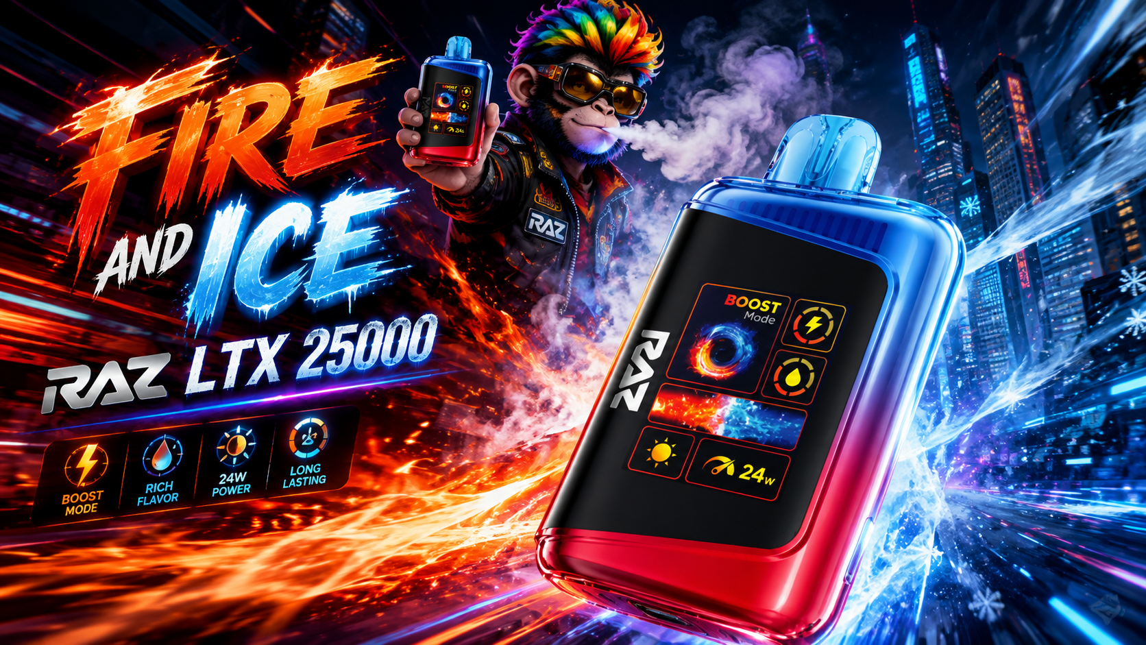 RAZ LTX 25000 vape device with Fire and Ice theme, featuring boost mode and sleek design