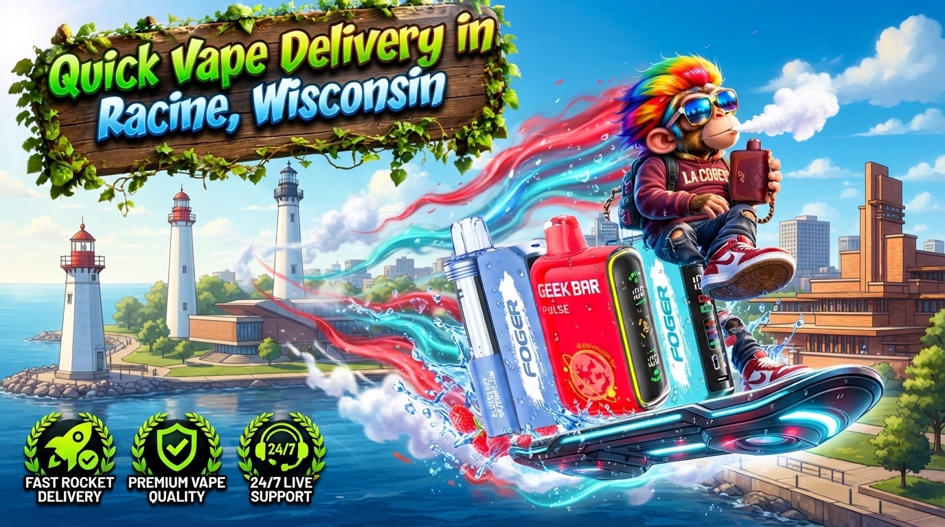 Flavor Devices with Racine Lighthouse Waterfront Colorful flavor devices with fruit splash effects and a cartoon character above the Racine waterfront skyline.