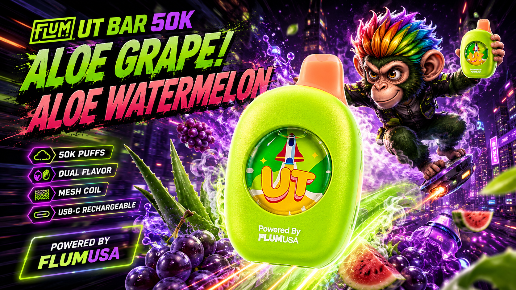 Bright green FLUM UT Bar 50K vape with dual aloe grape and aloe watermelon flavors
