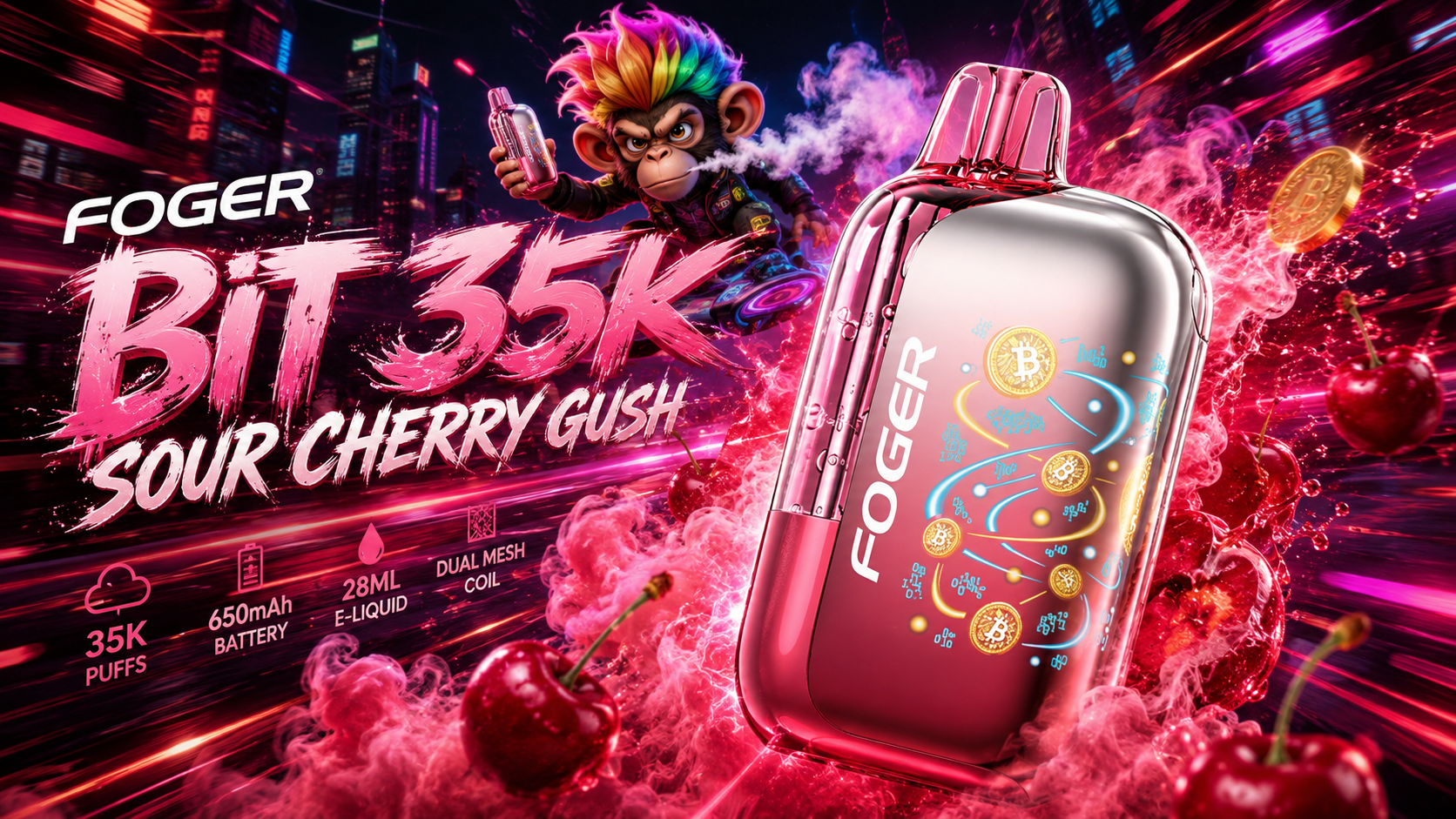 Metallic pink vape device with neon cherry design and rainbow monkey mascot