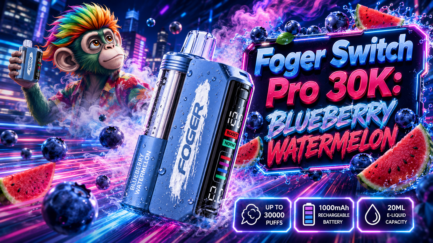 Foger Switch Pro 30K Blueberry Watermelon Disposable Vape with Fresh Fruit Design Foger Switch Pro 30K Blueberry Watermelon disposable vape with blueberries, watermelon slices, colorful vapor, and water splashes.