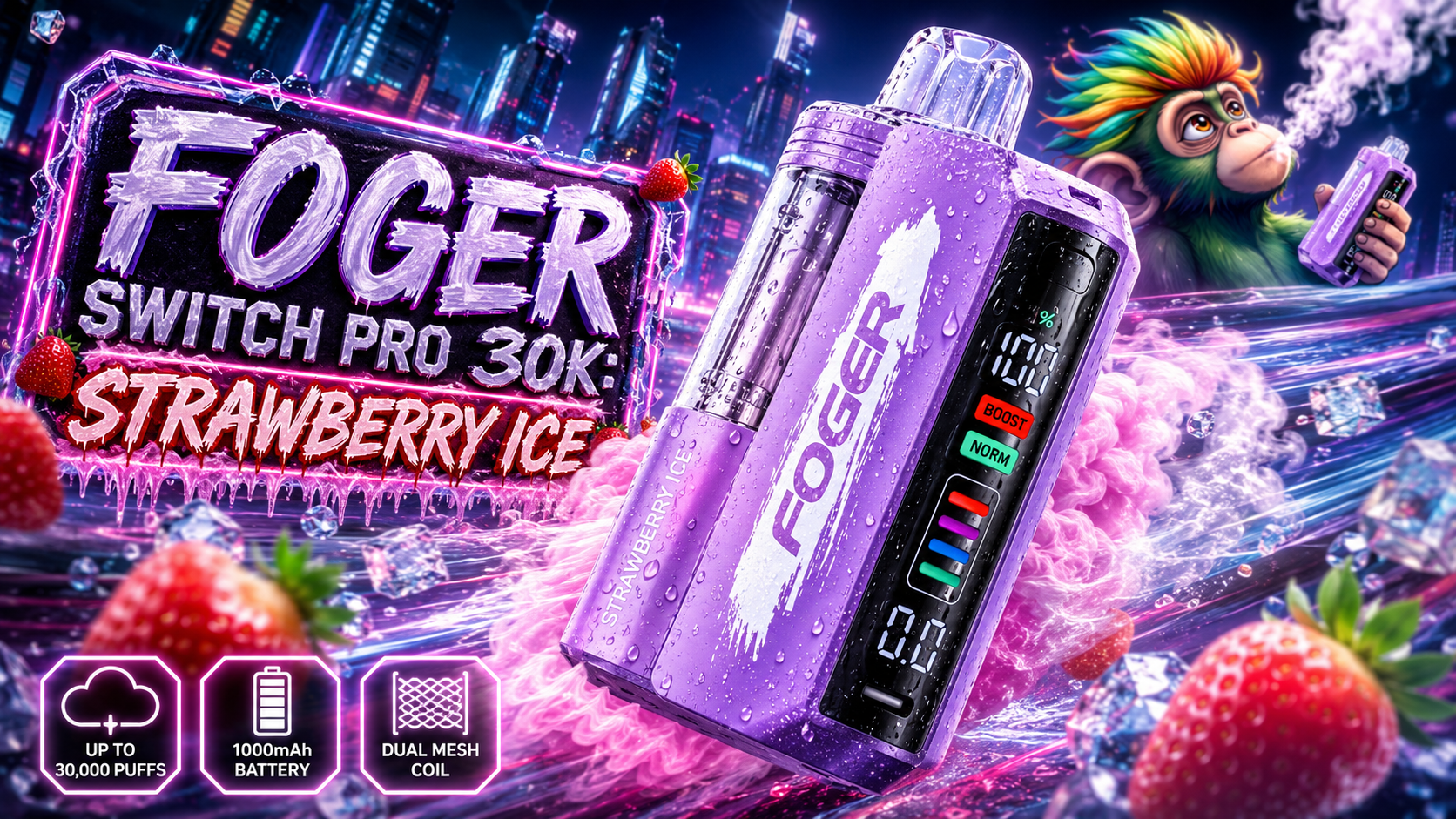 Foger Switch Pro 30K Strawberry Ice Disposable Vape with Fresh Strawberry Artwork Foger Switch Pro 30K Strawberry Ice disposable vape with fresh strawberries, ice cubes, and colorful vapor effects.
