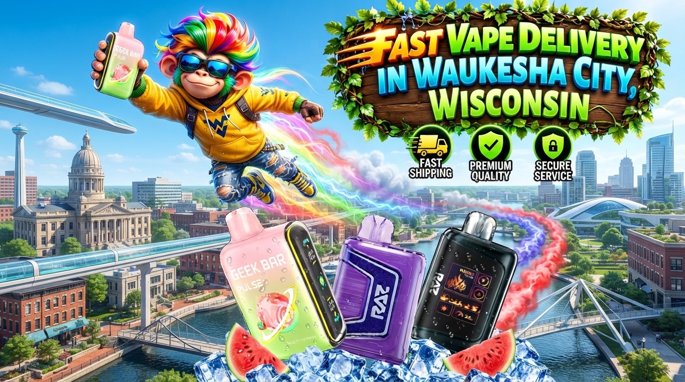 Fruit Flavor Devices Above Waukesha City Skyline Colorful fruit flavor devices with ice accents, rainbow trails, and a vibrant Waukesha city backdrop.