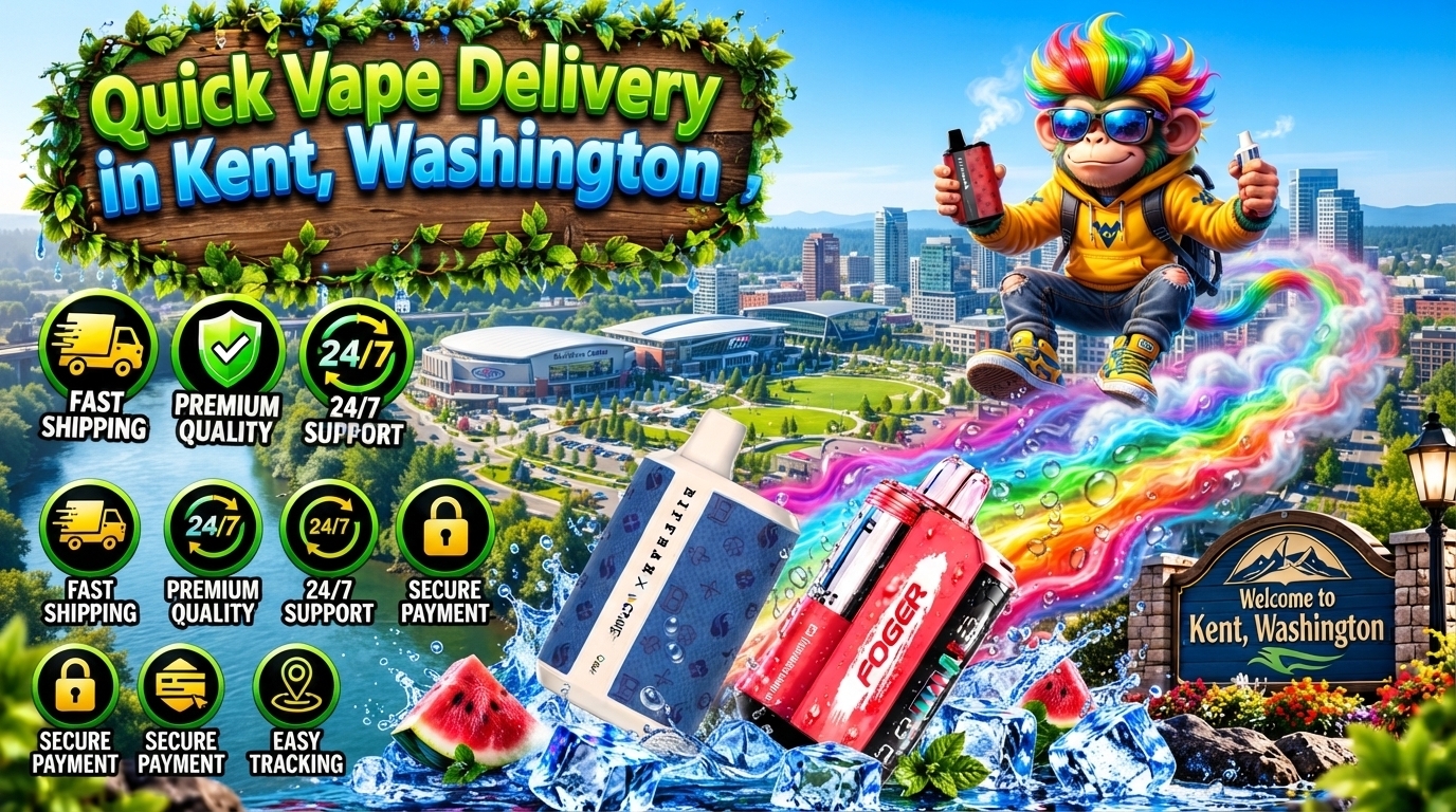 Colorful fruit flavor devices with ice splashes, rainbow effects, and a vibrant Kent cityscape backdrop.