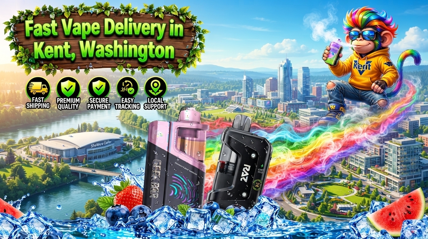Colorful fruit flavor devices with berry accents, ice cubes, rainbow trails, and a vibrant Kent city backdrop.