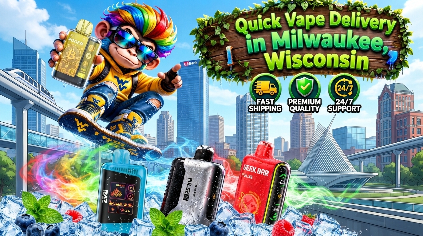 Colorful flavor devices with berry accents, icy effects, and a vibrant Milwaukee cityscape background.