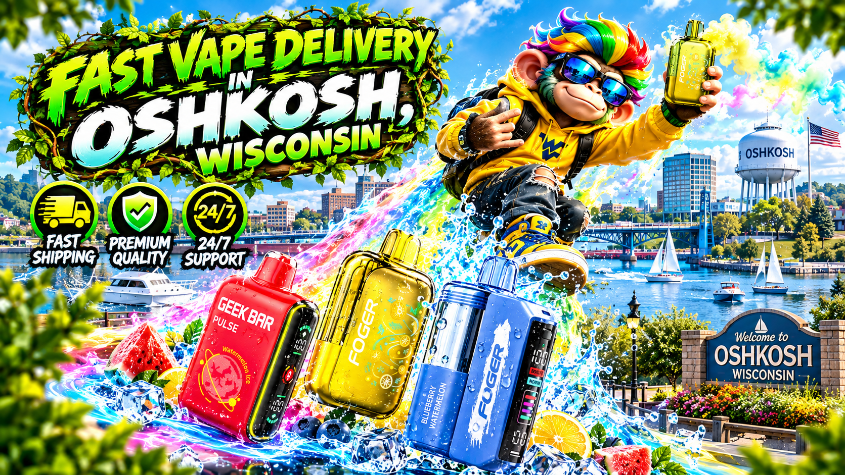 Colorful flavor devices with fruit, ice splash effects, and a vibrant Oshkosh waterfront city backdrop.