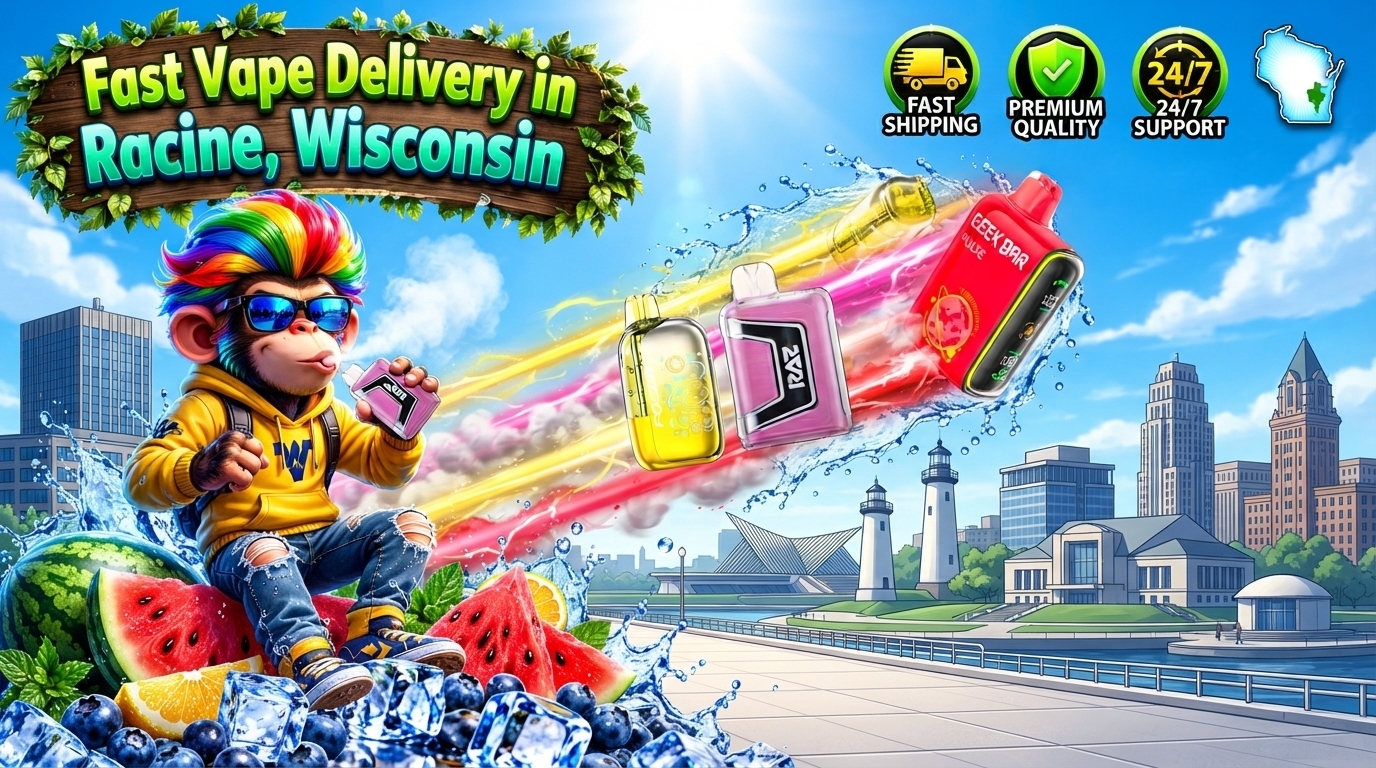 Fruit Flavor Devices with Racine Waterfront Skyline Colorful fruit flavor devices with ice and splash effects, set against the Racine waterfront and city skyline.