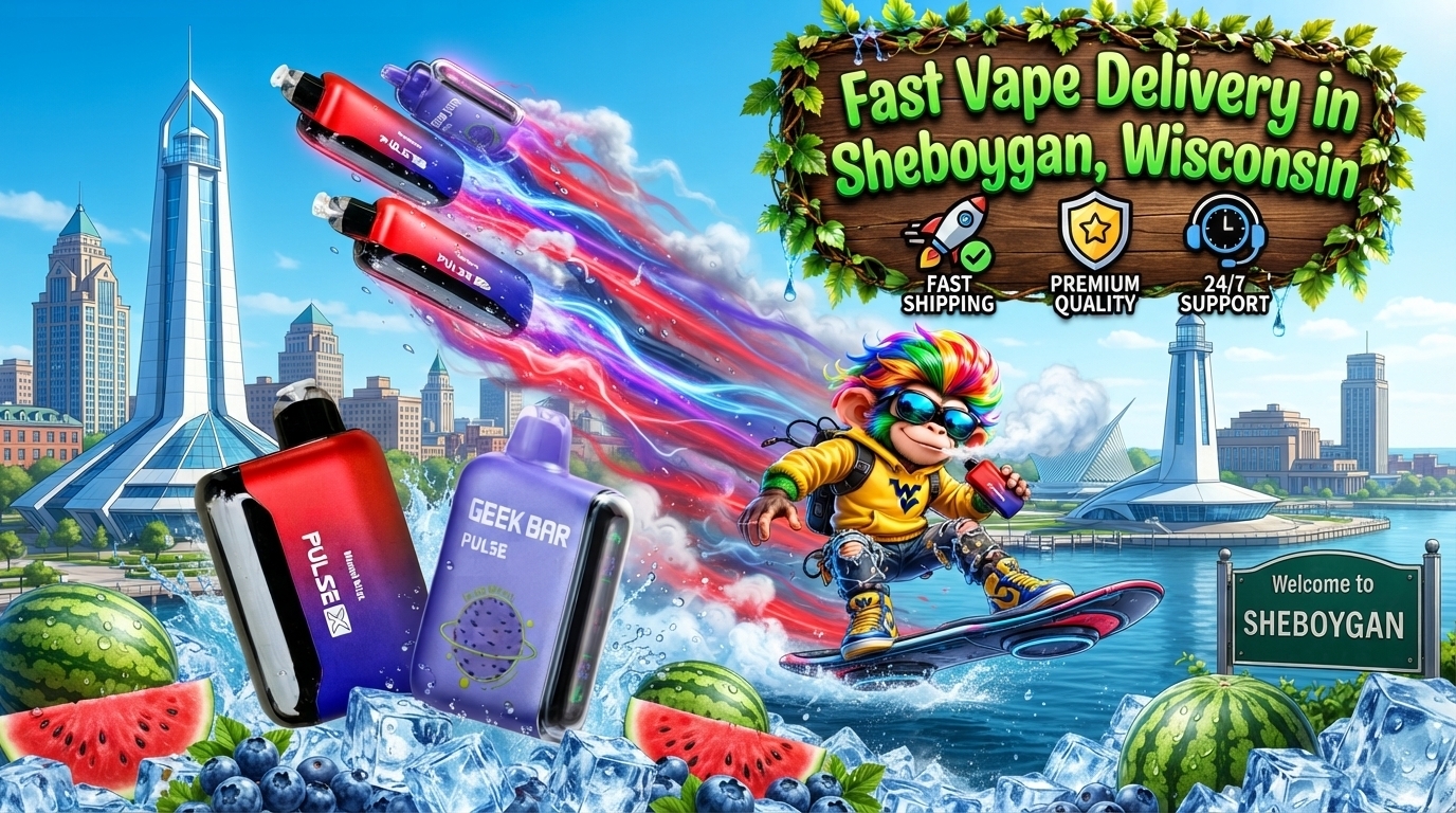 Colorful fruit flavor devices with ice splashes, watermelon accents, and a vibrant Sheboygan skyline backdrop.