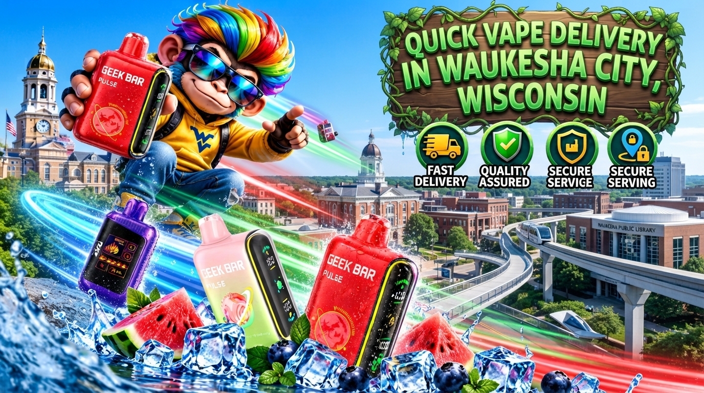 Fruit Flavor Devices with Waukesha City Skyline Colorful fruit flavor devices with ice, berry accents, and vibrant effects above the Waukesha cityscape.