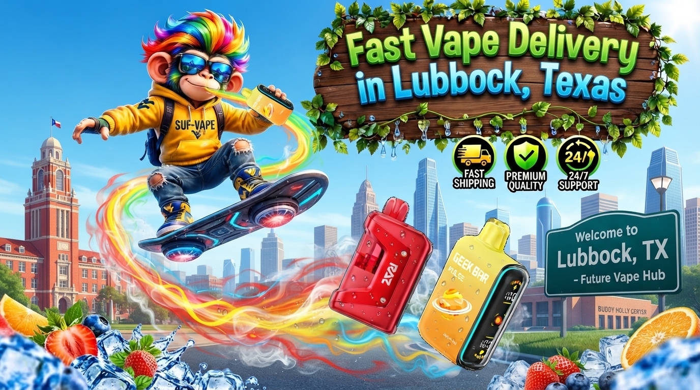 Fruit-Inspired Disposable Devices with Fast Delivery Theme Colorful disposable devices with citrus and berry accents, dynamic city backdrop, and express delivery visuals.