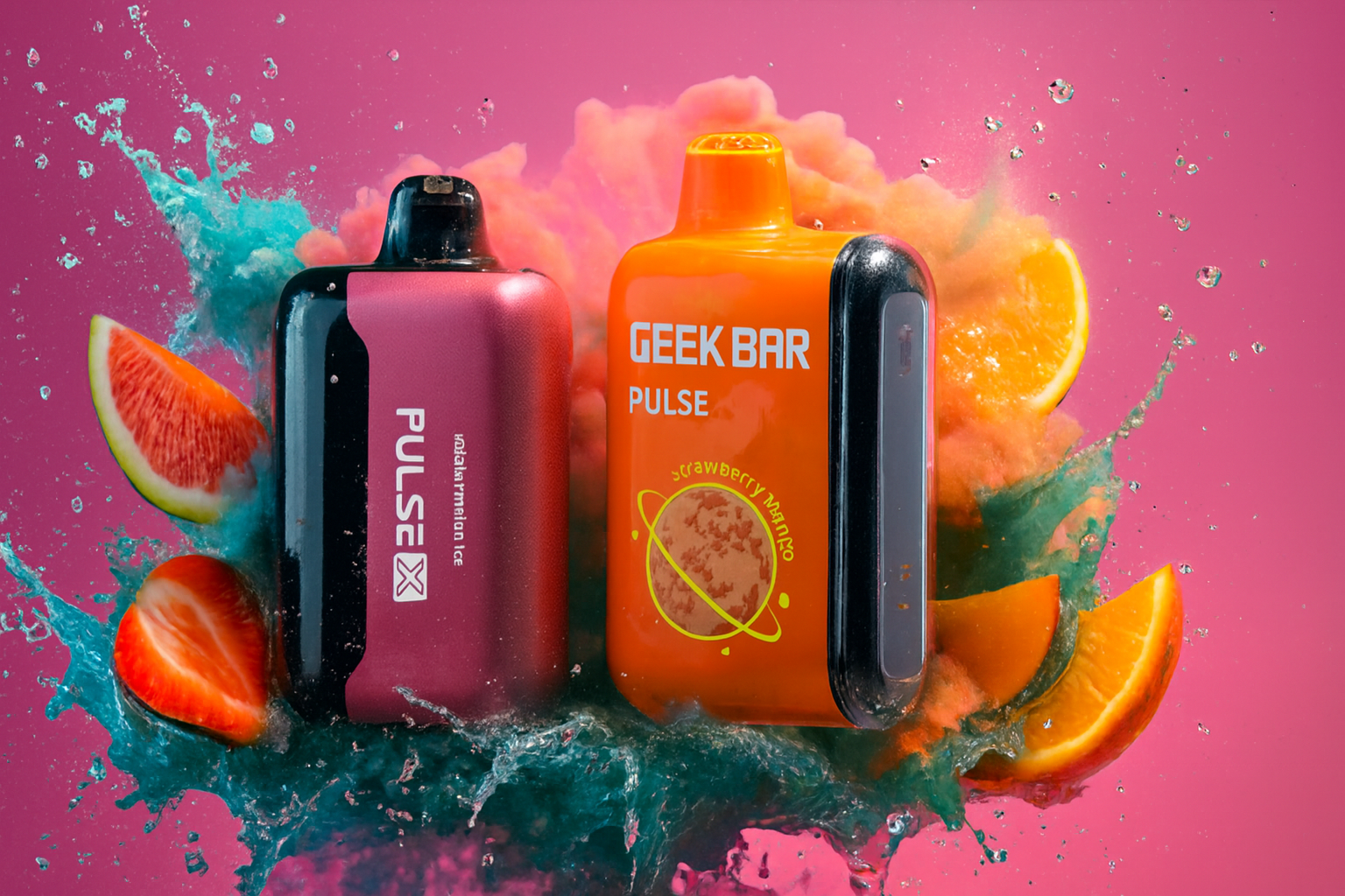 A bright and energetic promotional image showcasing two devices: a metallic pink Pulse X (Watermelon Ice) and a bold orange Geek Bar Pulse (Strawberry Mango). The vapes are centered against a soft pink background, erupting from a powerful splash of turquoise water and a cloud of fluffy orange vapor. Fresh fruit slices, including juicy watermelon, ripe strawberries, and bright orange wedges, are caught in the splash, creating a sense of refreshing, natural flavor. The composition is clean yet dynamic, highlighting the sleek design and tropical aesthetic of the product line.