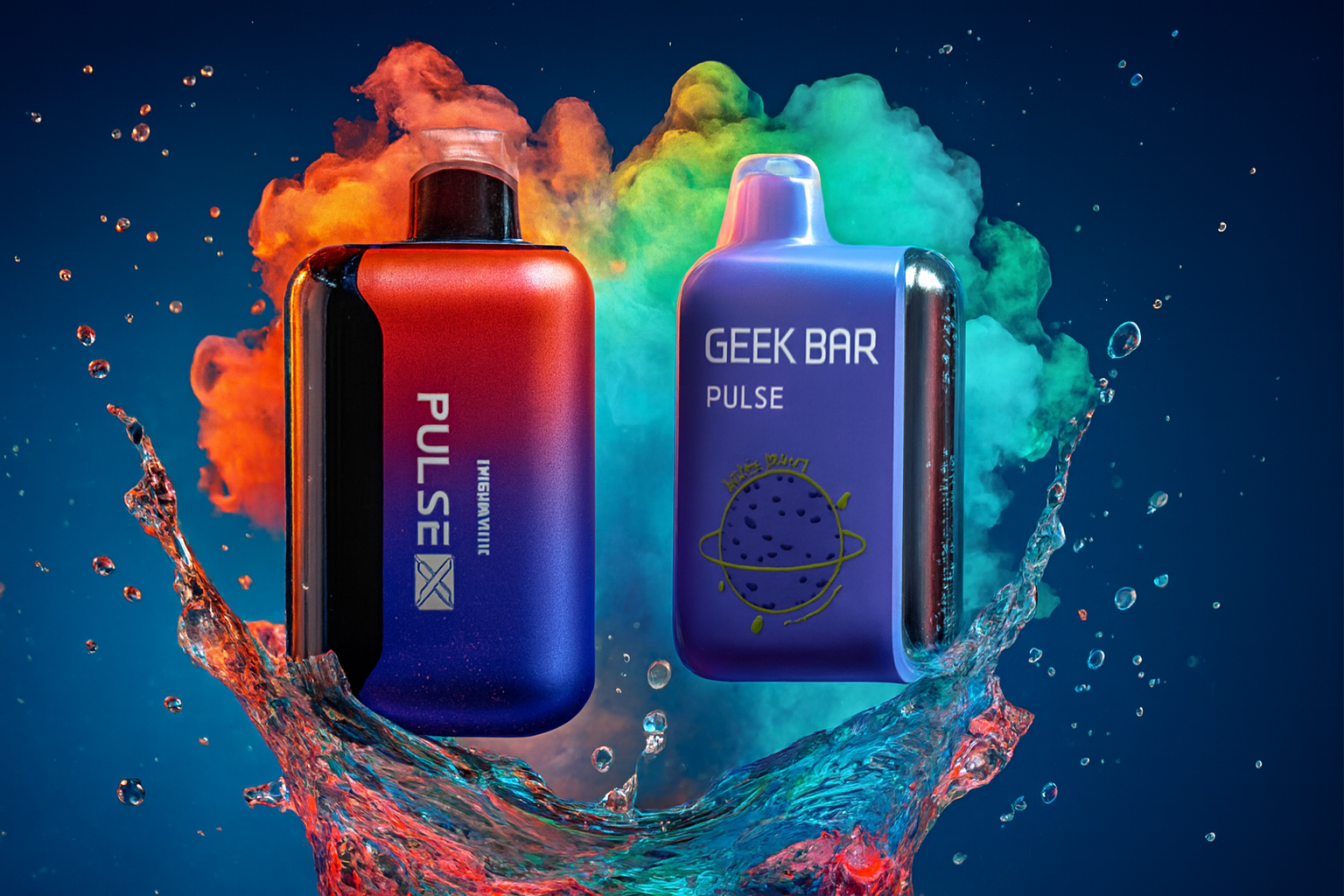 A sleek and futuristic promotional graphic featuring two premium disposable vapes: a red-to-blue gradient Pulse X and a deep blue Geek Bar Pulse with a planetary orbit logo. The devices are suspended above a dramatic, upward-reaching splash of water that glows with reflected orange and cyan light. Behind them, a massive, multicolored cloud of vapor in shades of orange, lime green, and teal billows against a dark blue background. This composition creates a "deep space" atmosphere, emphasizing the bold design and advanced technology of the product line.