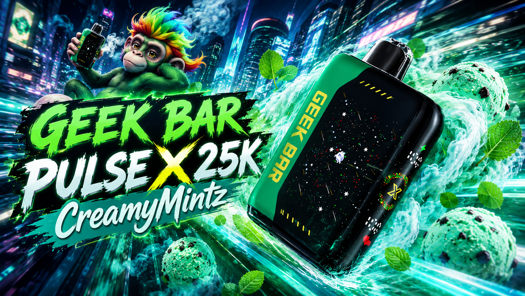 Geek Bar PULSE X 25K CreamyMintz Disposable Vape A dynamic promotional image showcasing the Geek Bar PULSE X 25K CreamyMintz disposable vape surrounded by creamy mint ice cream, fresh mint leaves, and vibrant water effects. The futuristic city background and colorful mascot create an energetic atmosphere while emphasizing the refreshing CreamyMintz flavor and the device's premium design. The bold composition highlights the advanced features and smooth vaping experience of the Geek Bar PULSE X 25K.