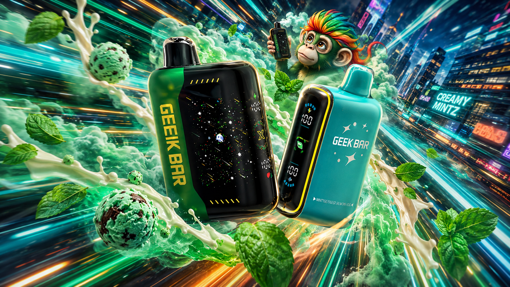 Geek Bar CreamyMintz Disposable Vapes – Refreshing Mint Flavor Collection A vibrant promotional image featuring Geek Bar disposable vapes in the CreamyMintz flavor, surrounded by creamy mint ice cream, fresh mint leaves, and dynamic splash effects. Set against a futuristic neon cityscape, the composition highlights the cool, creamy flavor profile while showcasing the premium design of the devices. A colorful mascot and energetic visual effects create an eye-catching scene that emphasizes freshness, smooth flavor, and modern vaping technology.