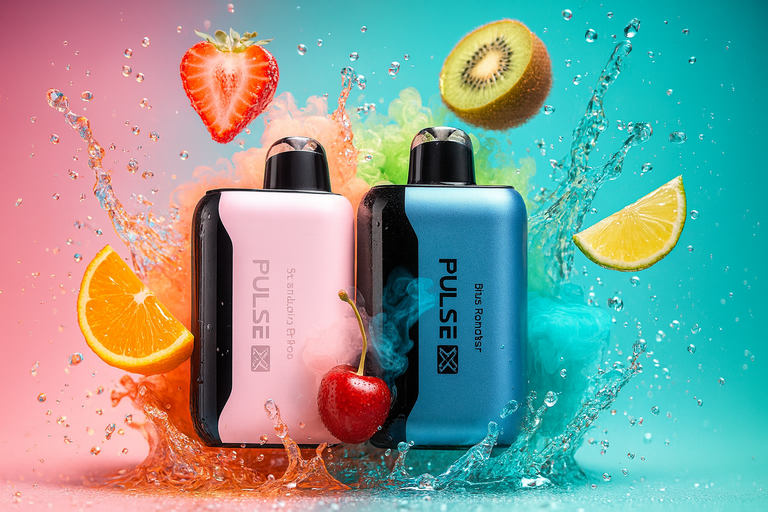 A high-impact promotional graphic featuring two disposable vapes: a metallic bronze Pulse X and a turquoise Geek Bar Pulse in "PepperMintz" flavor. The devices are set atop sharp, crystalline ice shards with a dynamic water splash. Fresh raspberries, blackberries, and cherries are frozen in mid-air, emphasizing a cool and fruity profile. The background utilizes a striking contrast of fiery orange and cool cyan nebulae, creating a "fire and ice" aesthetic that highlights the intensity and refreshing nature of the products.