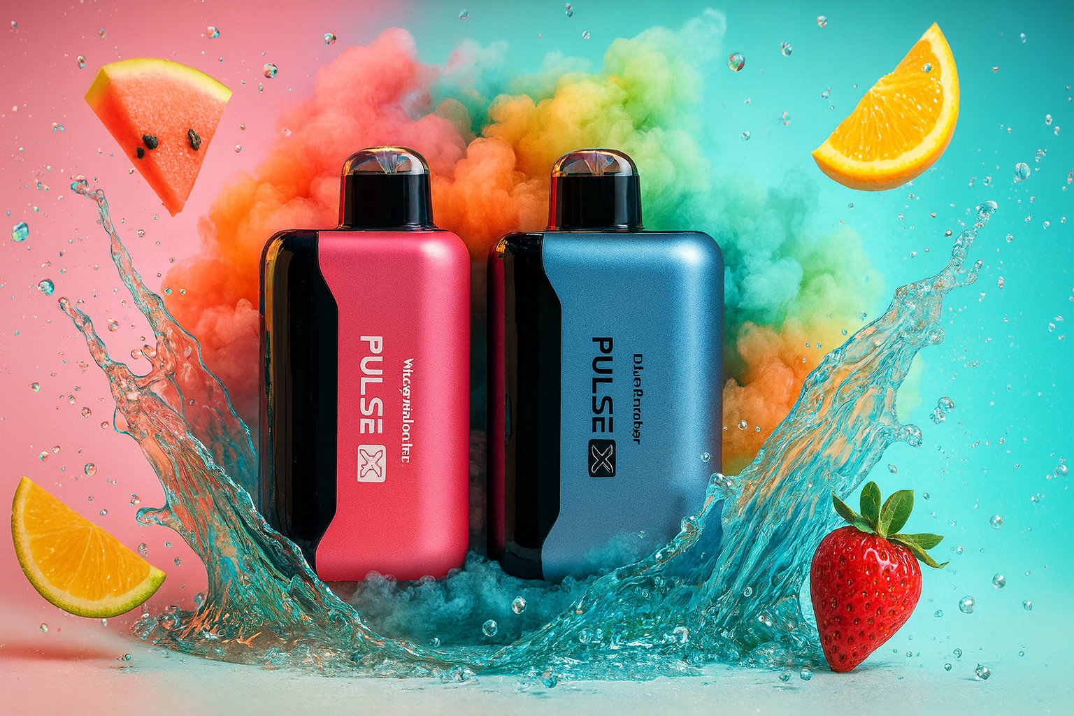 A high-impact promotional visual featuring two disposable vapes: a metallic bronze Pulse X and a turquoise Geek Bar Pulse in "PepperMintz" flavor. The devices are set atop sharp, crystalline ice shards with a dynamic water splash. Fresh raspberries, blackberries, and cherries are frozen in mid-air, emphasizing a cool and fruity profile. The background utilizes a striking contrast of fiery orange and cool cyan nebulae, creating a "fire and ice" aesthetic that highlights the intensity and refreshing nature of the products.