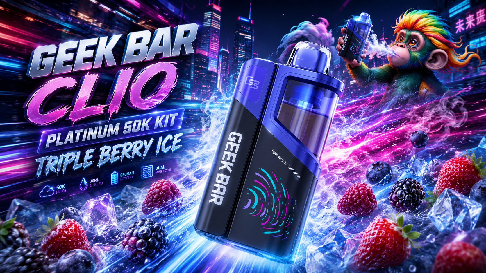 Geek Bar Clio vape device with Triple Berry Ice flavor, shown with berries and ice in a neon city backdrop