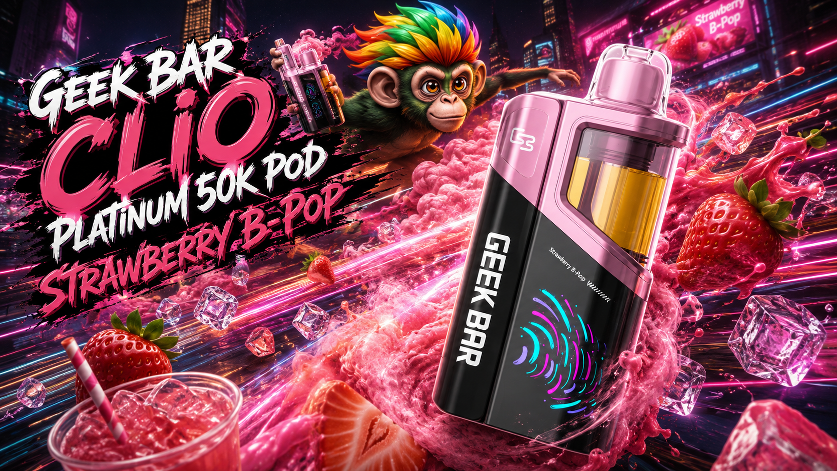 Black and pink Geek Bar Clio vape pod with transparent chamber and strawberry-themed design