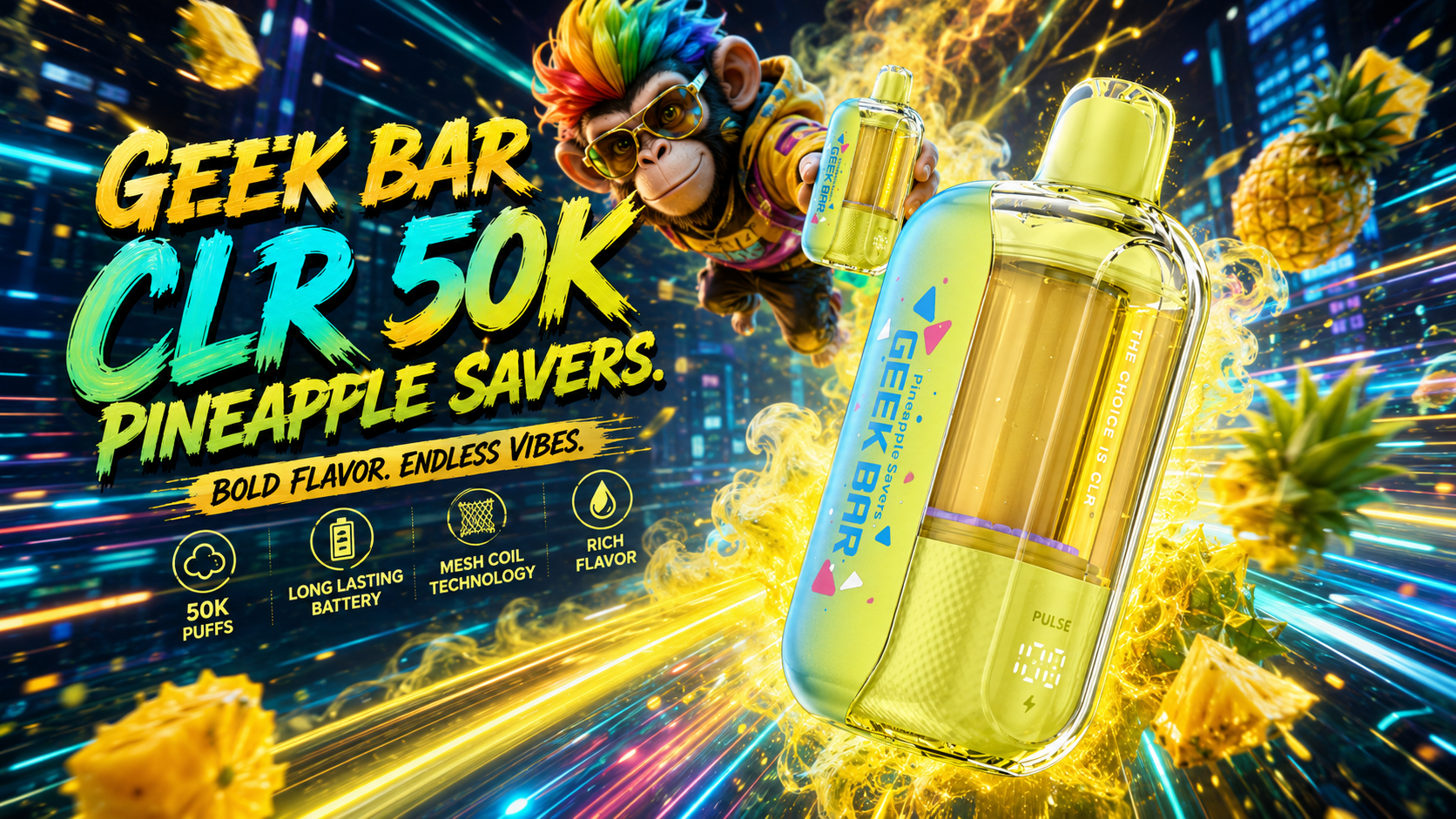 Yellow transparent vape device Geek Bar Pineapple Savers with glowing pineapple accents in neon city background