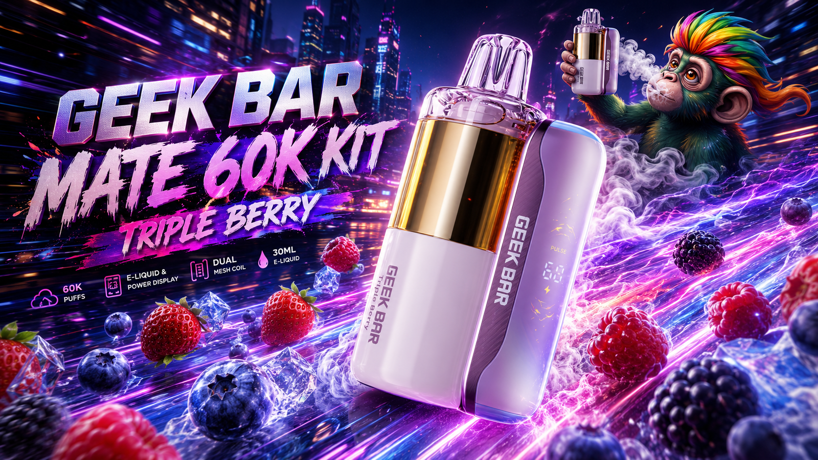 GEEK BAR MATE 60K vape kit with Triple Berry flavor and dual device design