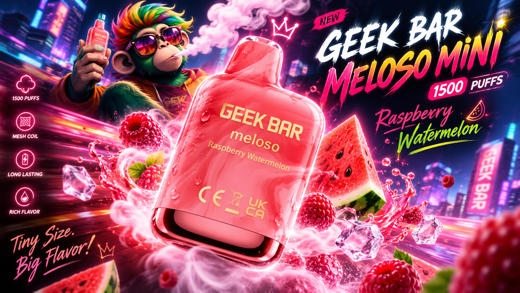 Bright pink GEEK BAR Meloso Mini vape with raspberry watermelon flavor, surrounded by fruit and ice