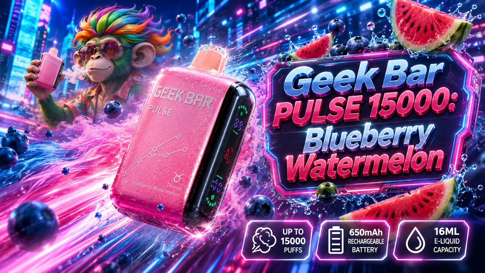 Geek Bar PULSE 15000 Blueberry Watermelon Disposable Vape with Fresh Fruit Theme Geek Bar PULSE 15000 Blueberry Watermelon disposable vape with blueberries, watermelon slices, colorful vapor, and water splashes.