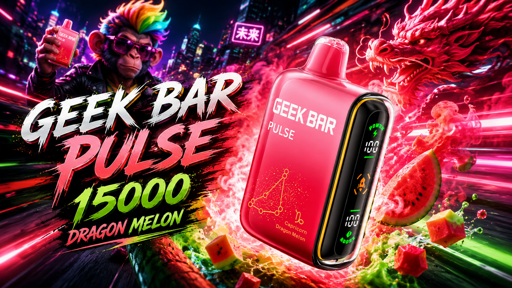 Red GEEK BAR PULSE vape device with digital screen showing Power 100 Boost, Dragon Melon flavor branding