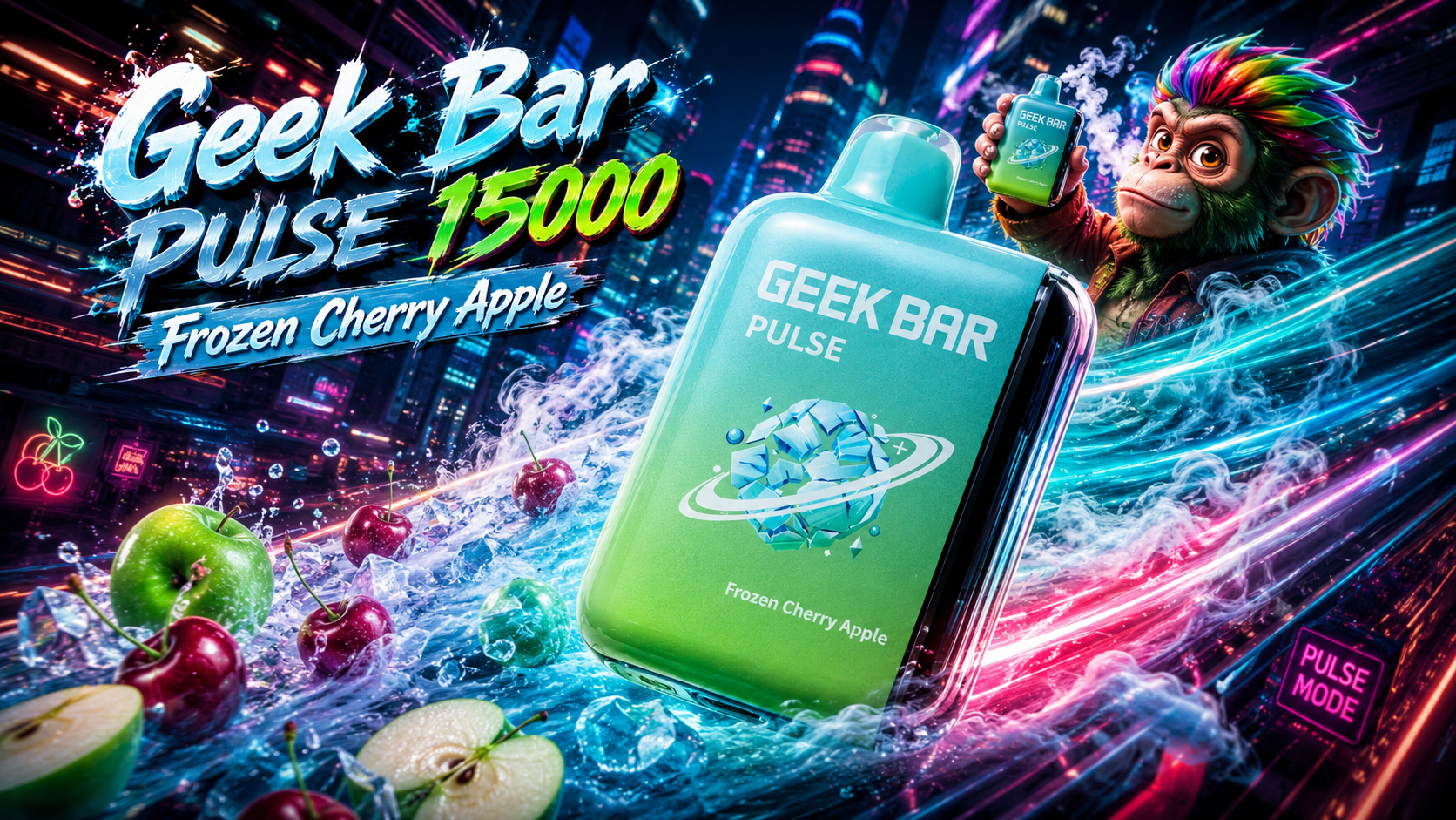 Geek Bar Pulse vape in Frozen Cherry Apple flavor with icy design, surrounded by cherries and apples, neon city backdrop