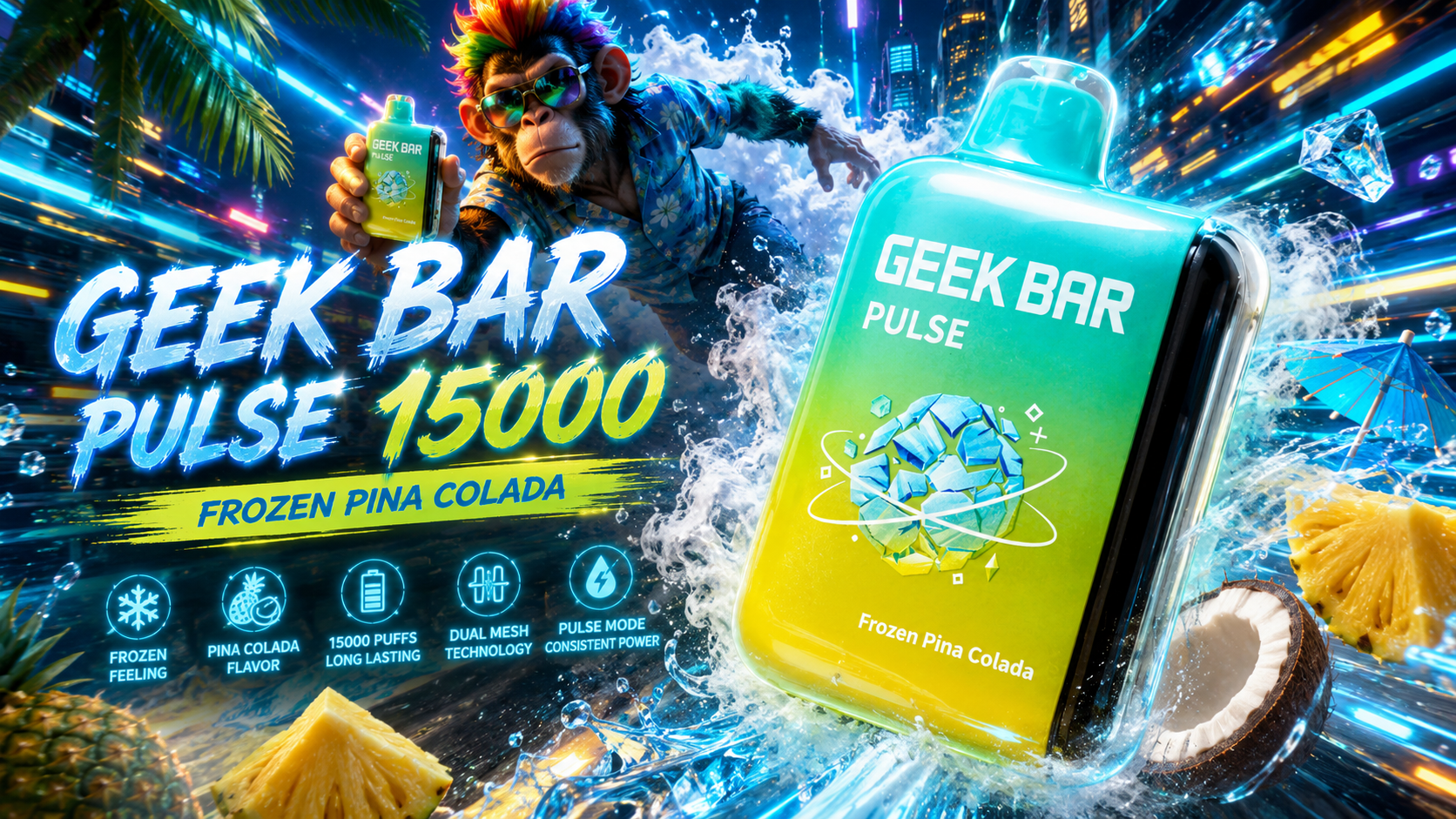 Geek Bar Pulse 15000 vape in Frozen Pina Colada flavor with tropical fruit and icy design