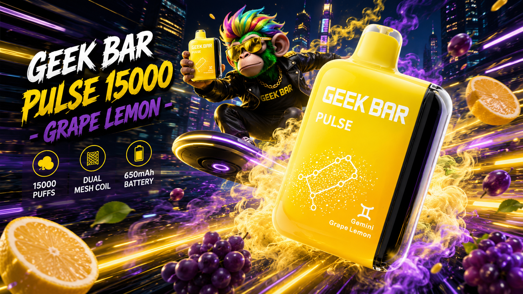 Yellow and black Geek Bar Pulse vape with grape lemon flavor in neon city backdrop